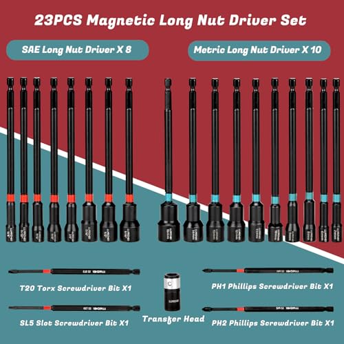 Magnetic Nut Driver Set 23Pcs, Metric 6-15mm & SAE 1/4"-9/16" | 6" Extra Long Impact Bits with Strong Magnet, 1/4" Hex Shank for Drill, for Car Maintenance & Furniture Assembly - size: 23pcs Nut Driver Set