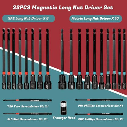 Magnetic Nut Driver Set 23Pcs, Metric 6-15mm & SAE 1/4"-9/16" | 6" Extra Long Impact Bits with Strong Magnet, 1/4" Hex Shank for Drill, for Car Maintenance & Furniture Assembly - size: 23pcs Nut Driver Set