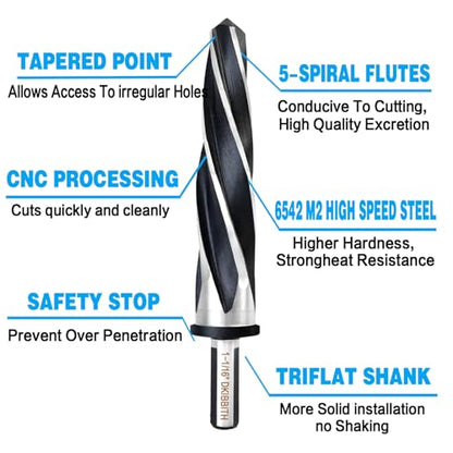 1-1/16" Bridge Construction Reamer Drill Bit, M2 HSS Taper Chucking Reamer for Steel Alloy Metal Wood Plastic, 1/2" Non-Slip Shank, 5-Spiral Flutes Car Reamer, to Align or Enlarge Holes, 27mm - size: 1-1/16"