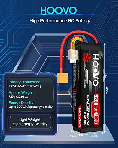 HOOVO 4S Lipo Battery 9200mAh 14.8V 100C with XT90 Plug Soft Case 2 Pack | Metal Plate Softcase battery, for RC Truck Truggy Buggy Tank RC Car Racing Hobby