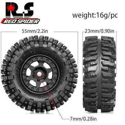 REDSPIDER 1.0 Beadlock Wheels and Tires Set（4pcs） 1.0 Crawler Tires 55 * 23mm Plastics 1.0 Wheel Lightweight Design 1/18 1/24 RC Crawler Tires for SCX24 TRX4M FMS FCX24 FCX18 AX24 (at Tires)