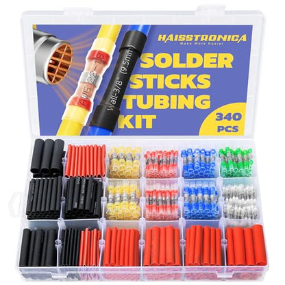 haisstronica 340PCS Solder Seal Connectors Kit with 3:1 Heat Shrink Tubing | Clear Sleeves, Wire Gauge Markings, 6 Diameters, Black and Red Assortment, 1.75-Inch Lengths, Automotive Wiring - size: 340 PCS