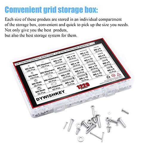 DYWISHKEY 1220 PCS M2 M3 M4 M5, 304 Stainless Steel Hex Button Head Cap Bolts Screws Nuts Washers Assortment Kit with Hex Wrenches - color: silver