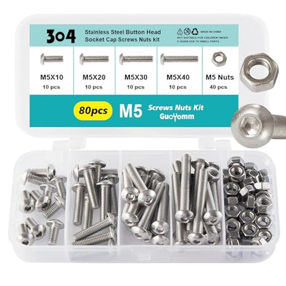 M5 x 10mm 20mm 30mm 40mm Button Head Socket Cap Screws Bolts and Nuts, Stainless Steel 304, Bright Finish, Metric Allen Hex Drive, Fully Thread, Assortment Kit 80PCS - size: Button M5x10-40mm+Nuts