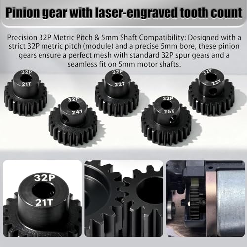 5Pcs 32P Hardened Steel Pinion Gear Set 5mm Shaft 21T 22T 23T 24T 25T Motor Pinion Gear with M4 Screw and Hex Key, for Arrma HPI Kyosho Losi Axial Traxxas Tamiya 1/10 RC Car and 540/550 Motors - size: 32P-HSP-5mm-21-25T