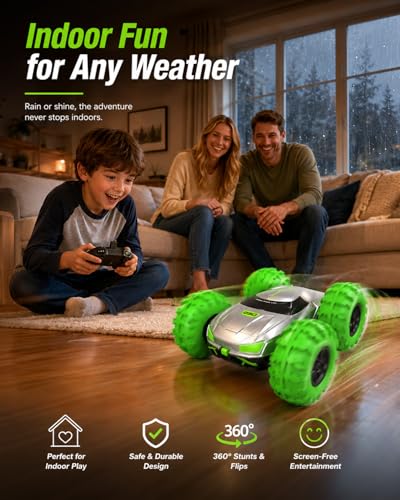 RC Stunt Car for Kids & Dog Chase Fun, 4WD Remote Control Car with Inflatable Bounce Tires, 360° Flips & Spins, Double-Sided Driving, LED Lights, Outdoor Backyard Toy, Gift for Boys Girls