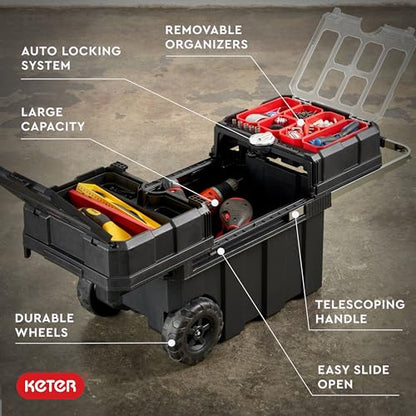 Keter Masterloader Resin Rolling Tool Box with Locking System and Removable Bins – Perfect Organization and Storage Chest for Power Drill, Tape Measure, and Screwdriver Set, Black | Black, Heavy Duty, Weatherproof, All Terrain Wheels, Durable, Easy Slide