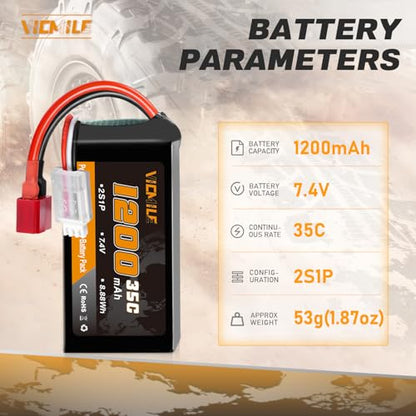 7.4V Lipo Battery 1200mAh 2S 35C High Discharge Rate Rechargeable Battery with Dean-Style T Plug Fit for WLtoys A949 A959 A969 A979 K929 Most 1/10 1/16 1/18 1/24 RC Car Truck with 1TO2 Charger