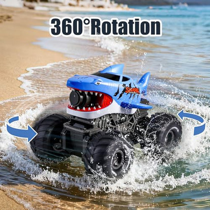 BOBXIN Amphibious Remote Control Car Shark Monster Truck Squirt Water Blue | Waterproof 4WD All-Terrain Off-Road 2.4Ghz RC Boat Car Pool Water Toys for Kids Age 6+ - color: Blue