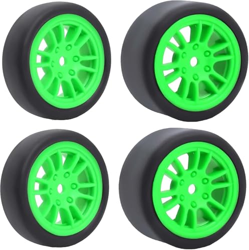 4PCS Pre-Glued On-Road Drift Racing Smooth Rubber Tires and Wheel Rims Set 7MM Hexagon for 1/24 Losi Micro-B RC Car Upgrades Parts (12Spoke-Green) - color: 12spoke-green