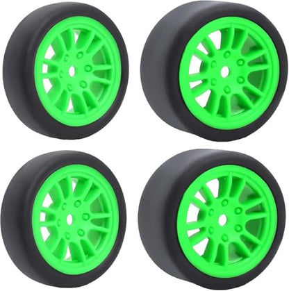 4PCS Pre-Glued On-Road Drift Racing Smooth Rubber Tires and Wheel Rims Set 7MM Hexagon for 1/24 Losi Micro-B RC Car Upgrades Parts (12Spoke-Green) - color: 12spoke-green