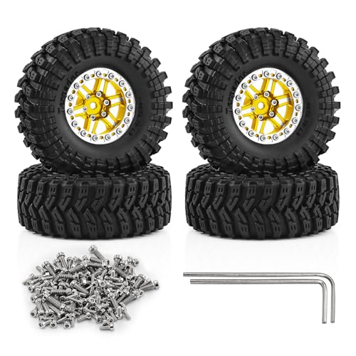 1.3" Wheels and Tires 70mm (2.76in) for SCX24 TRX4M 1/18 1/24 RC Crawler Upgrade Parts (Golden, 4Pcs) - color: golden-3
