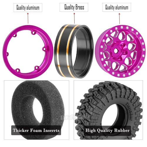 RC 1.3 Beadlock Wheels and Tires for 1/18 TRX4M 1/24 SCX24 FCX24 RC Crawler Car,4pcs RC 1.3 in Brass Rims & Aluminum Beadlock Wheels Rims and Tires,Pink - color: Pink - (4pcs 1.3 Tires)