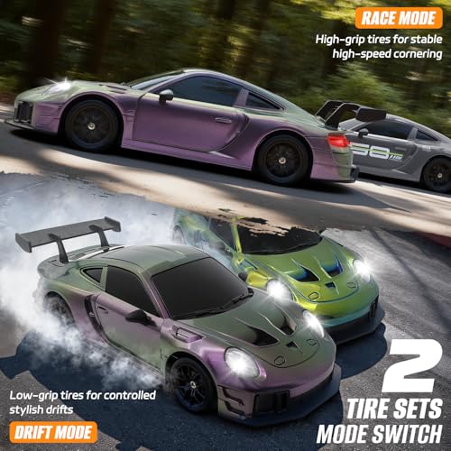 RC Drift Car, 1:24 4WD Remote Control Cars Vehicle with LED Light,2.4GHz 20KM/H High Speed RC Cars with Two Batteries & Drifting Tires Racing Sport Toy for Adults Boys Girls Kids - color: Purple