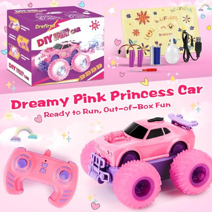 Drefirsa Princess Remote Control Car, Pink Monster Truck Girl Age 4-7 8-12 | DIY Sticker, Colorful Wheel Lights, Headlight, Stunt Car, Mist Spray, Toy for 3 4 5 6 7 8 Year Old Girl Birthday Gift - color: Pink