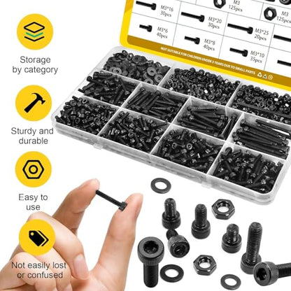 750PCS M3 Screws Assortment Kit, M3x6/8/10/12/16/20/25/30 mm Hex Socket Head Bolts, Nuts & Washers Assorted Set - 12.9 Alloy Steel Black Zinc Plated M3 Screw for 3D Printer,DIY - size: M3 750pcs