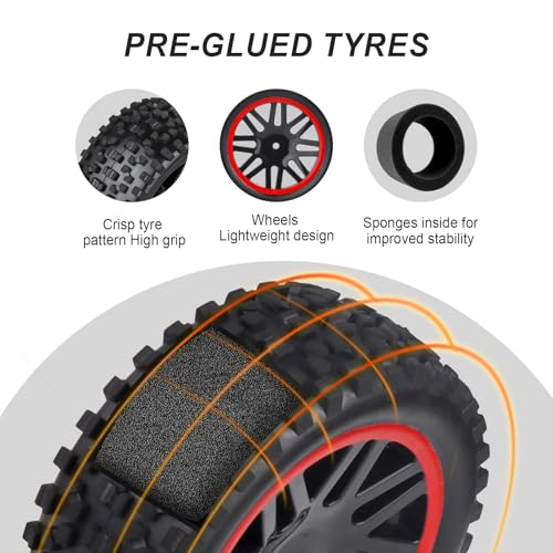 HobbyPark 12mm Hex Pre-Glued 1/10 RC Buggy Tires and Wheels Set Assembled, 3.46" (88mm) Tall for Traxxas Bandit VXL Losi Redcat Wltoys 144001 fit Brushless Motor 2S 3S Models