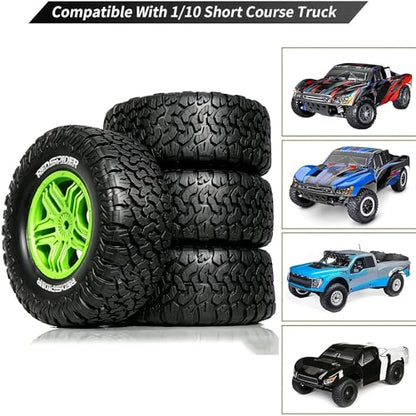 1/10 RC Short Course Truck Plastic Wheels 12mm Hex and Tires OD 4.41" 5-Spok Off Road Tyres for 1:10 Scale Truck Car TRAXXAS Slash 4X4 2WD ARRMA SENTON 3S Losi Redcat Rc4wd 4PCS (Green) - color: Green