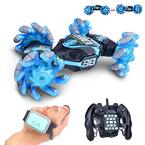 GoolRC Gesture Sensing RC Stunt Car, 4WD 2.4GHz Remote Control Car, Transformer Toy Cars with LED Lights, Double Sided Driving, 360?Rotating and Explosive Wheel for Adults (Blue) - color: Blue