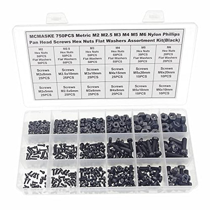 750PCS Metric M2 M2.5 M3 M4 M5 M6 Nylon Phillips Pan Head Screws Hex Nuts Flat Washers Assortment Kit(Black) - size: M2, M2.5, M3, M4, M5, M6