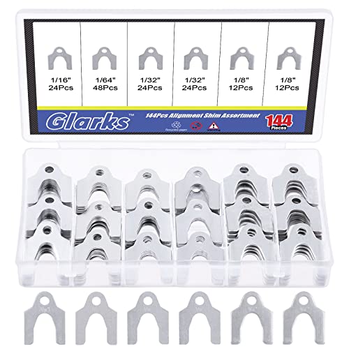 Glarks 144Pcs 1/16" 1/64" 1/32" 1/8" Universal Body Shim Assortment Kit, 4 Size Universal Auto Alignment Body Shim for Adjusting Body Parts or Camber Alignment