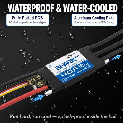 ZTW Shark G2 40A ESC 2-4S Built-in Swithcing BEC 5V/6V 4A Water-Cooling Bidirectional Waterproof Brushless Speed Controller for RC Boat Marine - size: 40A