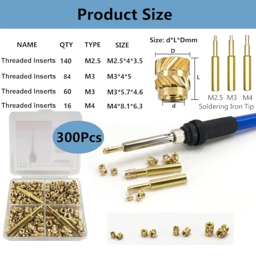 QSJ 300Pcs Threaded Inserts Set with Soldering Iron Tip Brass Heat Set Insert M2.5 M3 M4 Insert Nut for 3D Printed Plastic Materials - size: (300pcs) M2.5, M3, M4