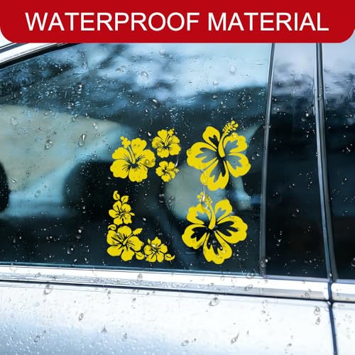 4PCS Hibiscus Car Decal Sticker, Hawaiian Hibiscus Flower Decal Set, White Tropical Flower Stickers, Universal Exterior Decoration Sticker Accessories for Car, Truck, SUV, Door, Wall (Yellow)