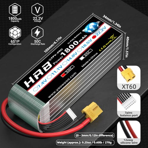 HRB 2PCS 1800mAh 6S 22.2V 50C Lipo Battery with XT60 Plug Compatible with RC Helicopter