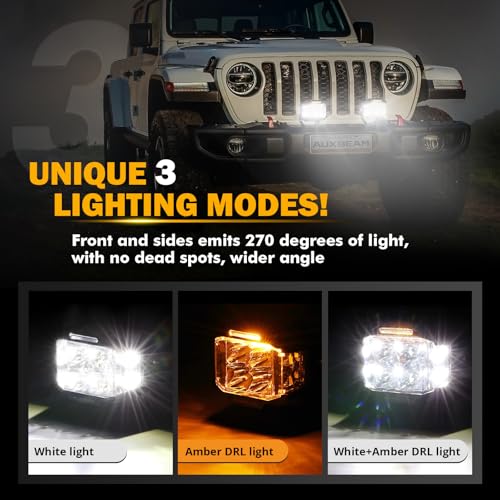 Auxbeam V-MAX Series 4'' 92W Cube LED Pod 270° Side Shooter Offroad Light | Spot Flood Combo Light Pod with DRL, 92W 8960LM,3 Lighting Modes, Amber Covers, 1Lux@476m, Auxiliary Ditch Light, Easy To Use - color: 4in Cube LED Pod