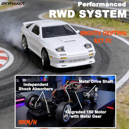 LDRC Drift Car Mazda RX7-FC 1:18 RWD Remote Control Car (White) | Includes 2 batteries, metal drive shaft & gyro,Easy drift for adult indoor racing - color: Mazda Rx7-fc White With 2 Batteries