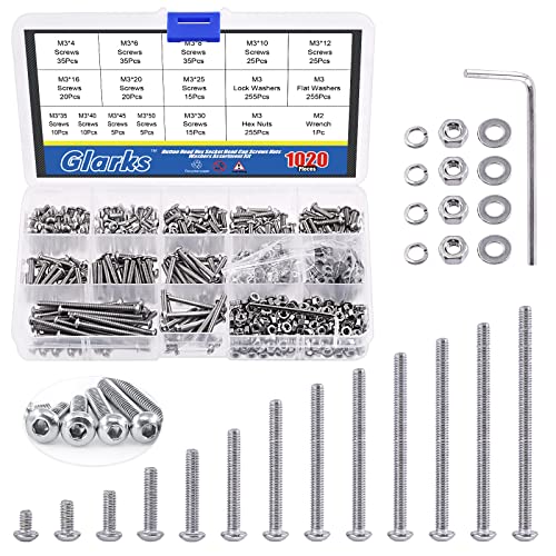 Glarks 1021Pcs M3 Button Head Screws 304 Stainless Steel Hex Socket Cap Screws Bolts and Nuts Washers Assortment Kit with Hex Wrench for Machinery Furniture Car Repair - size: M3 screw assortment kit