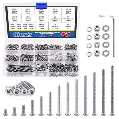 Glarks 1021Pcs M3 Button Head Screws 304 Stainless Steel Hex Socket Cap Screws Bolts and Nuts Washers Assortment Kit with Hex Wrench for Machinery Furniture Car Repair - size: M3 screw assortment kit