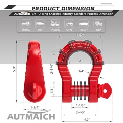 AUTMATCH D Ring Shackles 3/4" Mega Shackle (2 Pack) 68,000Ibs Break Strength - Heavy Duty Clevis Shackles with 7/8" Screw Pin and Isolator Washer for Tow Strap Winch Off Road Vehicle Recovery, Red - color: Red