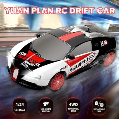 RC Drift Car 2.4GHz 1:24 Remote Control Cars 4WD 15KM/H High Speed Drifting RC Cars with Cool Lights, Extra Tires Toys Car for Kids Boys Girls Adults, Black - color: K.black - White