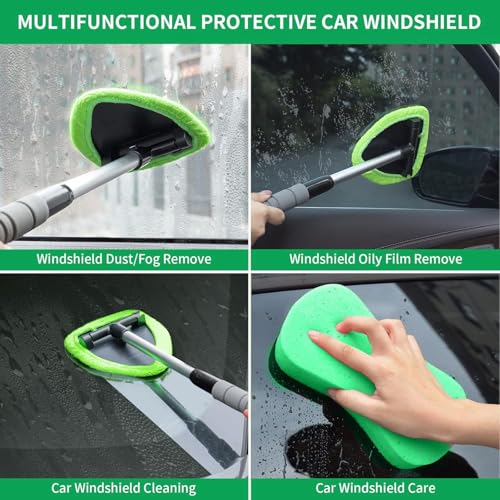 Windshield Cleaner Tool – Car Interior Glass Cleaning Kit with Extendable Handle & 4 Microfiber Pads, Auto Glass Wash Brush for Car Detailing, Trucks, SUVs, RVs & Home Windows