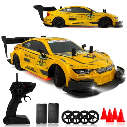 1:20 RC Drift Car for Kids,4WD 2.4GHz 30KM/H High Speed Remote Control Car, Racing Sport Toy Car with LED Lights,Drifting Tires＆2 Batteries (Yellow) - color: Yellow