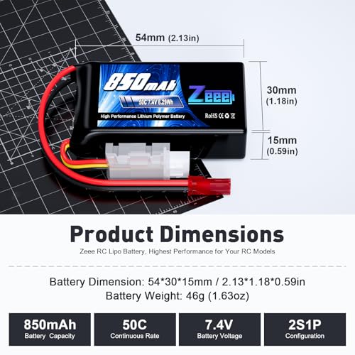 Zeee 2S Lipo Battery 850mAh 7.4V 50C with JST Connector (2 Pack) | Soft Pack RC Battery for FPV Drone Quadcopter Airplane RC Boat Helicopter RC Car RC Models