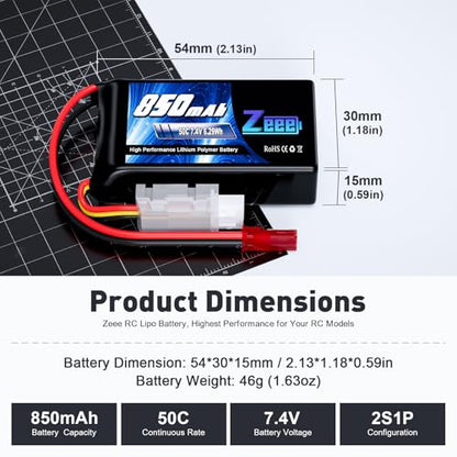 Zeee 2S Lipo Battery 850mAh 7.4V 50C with JST Connector (2 Pack) | Soft Pack RC Battery for FPV Drone Quadcopter Airplane RC Boat Helicopter RC Car RC Models