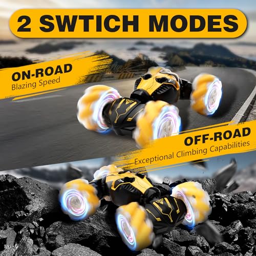 Remote Control Car for Boys 8-12, 4WD Gesture Sensing RC Stunt Car 2.4Ghz with Lights Music Sprayer RC Cars for Boys Age 4-7 8-12 Hand-Controlled Cars Toys Birthday Gifts for Kids Girls Yellow - color: Yellow