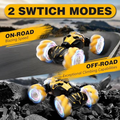 Remote Control Car for Boys 8-12, 4WD Gesture Sensing RC Stunt Car 2.4Ghz with Lights Music Sprayer RC Cars for Boys Age 4-7 8-12 Hand-Controlled Cars Toys Birthday Gifts for Kids Girls Yellow - color: Yellow