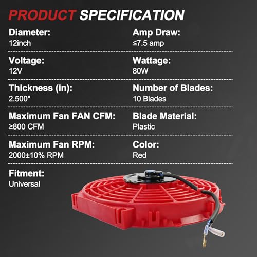 JDMSPEED New Universal 12V Engine Cooling Fan Slim Pull Push Racing Electric Radiator Red 12" - color: Red, size: 12 Inch