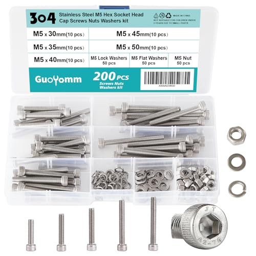200 PCS M5 x 30mm 35mm 40mm 45mm 50mm, Hex Socket Head Cap Screws Bolts Washers Nuts Assortment Kit, Stainless Steel 304, Metric Allen Drive - size: Socket M5x30/35/40/45/50 mm