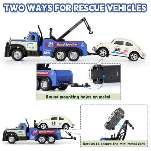 haomsj Mini Rc Tow Truck Toy with Mini Metal Car Set 2PCS,City Service Vehicle Remote Control Tow Truck Toys for Kids Boys Gifts 3-5 4-7 8-12 Years Old, 1:64 Scale Cars Trailer Toy with Light(Blue) - color: Blue