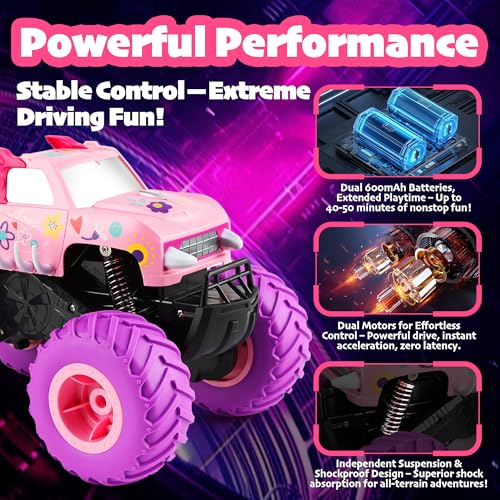 Threeking 1:16 Amphibious Monster Truck Pink Remote Control Car for Girls | Waterproof Durable 4WD Off-Road RC Crawler Cars Pick-Up Unique Toys Gifts for Ages 6-12 - color: Pink