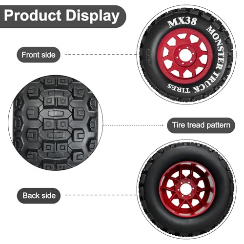 LRFHL MX38 F/R 3.8" RC Tires and Wheels with 17mm Hex Adapter, 4PCS, Red | 1/7 1/8 RC Monster Truck Tires, for Arrma Notorious Outcast Kraton 6S Traxxas E-Revo RC Car Upgrade - color: Black Tires+ Red Wheels