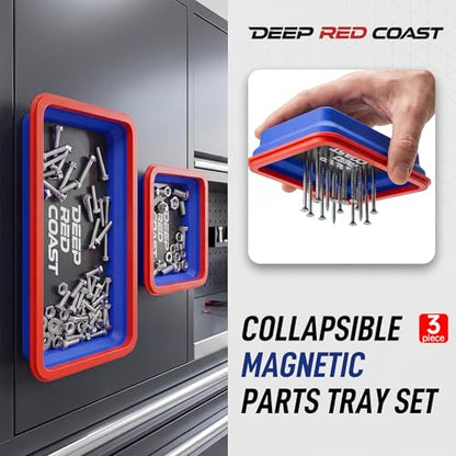 Collapsible Magnetic Parts Tray Set, 3 Pcs Silicone Magnetic Tool Trays | 3 Different Sizes with Strong Magnetic Hold for Screws Nuts Bolts Washers, Garage Toolbox and Auto Repair