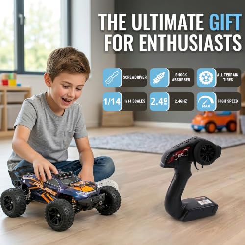 1/14 Fast RC Cars for Adults，4x4 Offroad Waterproof Monster Truck 40+ mph | V3 Electric Powered High Speed Remote Control Drift Buggy Car, All Terrain Truggy with 2S Battery for Snow Sand - color: Blue Orange