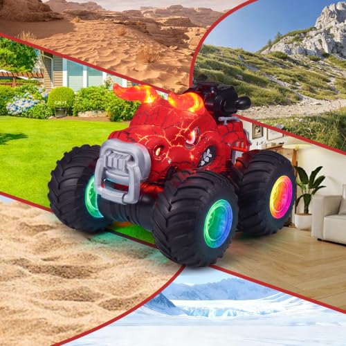 Remote Control Monster Truck Toys - 1000mAh Battery RC Stunt Car (Red) | 2.4GHz Remote Control, Flat & Upright 360° Spins, Trucks for Kids Ages 4-12, Birthday & Holiday Gifts for Boys & Girls - color: Red