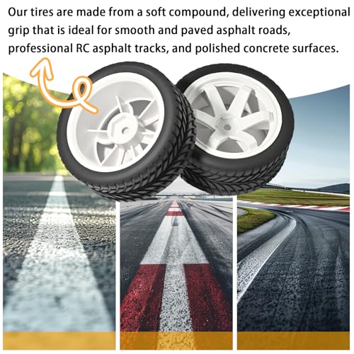 OD 2.55" On Road Rubber Tires Plastic Wheel Rims 12mm Hex for 1/10 RC Car | Compatible with MJX HSP Tamiya HPI Kyosho Traxxas Sakura Redcat WLtoys 1/10 RC On-Road Racing Touring Car (4pcs, White) - style: G-White